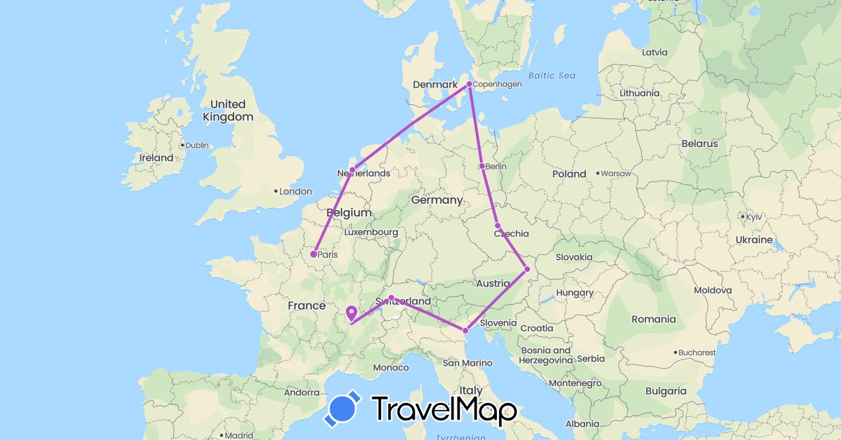 TravelMap itinerary: driving, train in Austria, Switzerland, Czech Republic, Germany, Denmark, France, Italy, Netherlands (Europe)